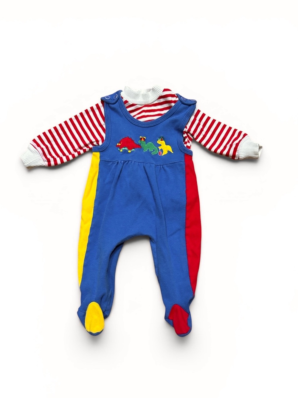 Vintage 80s 90s Dinosaur Embroidered Footed Romper Stipe Shirt Set Baby Boy 6mo